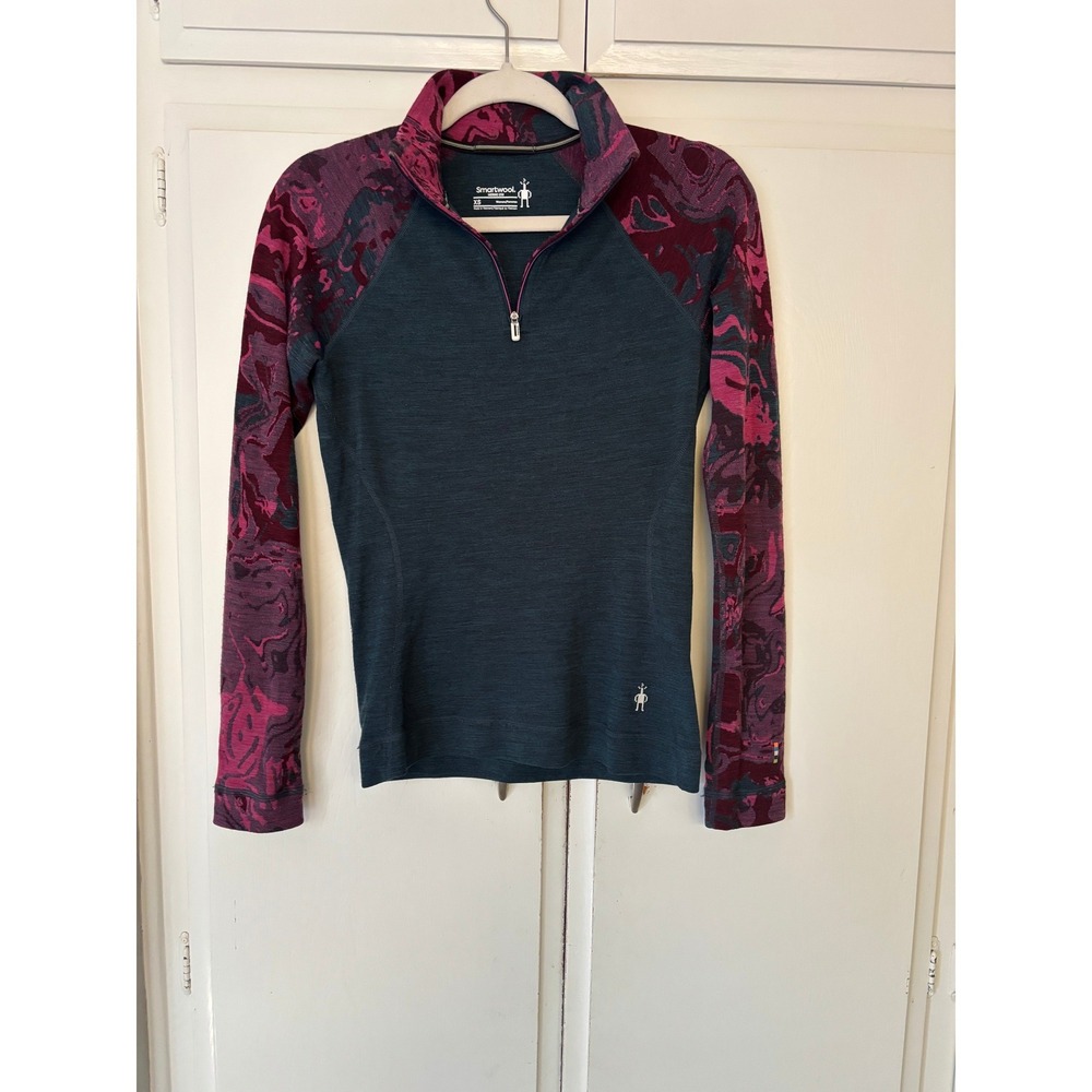 Smartwool Merino 250 Base Layer 1/4 Zip Pullover XS Teal Purple Marble Pattern